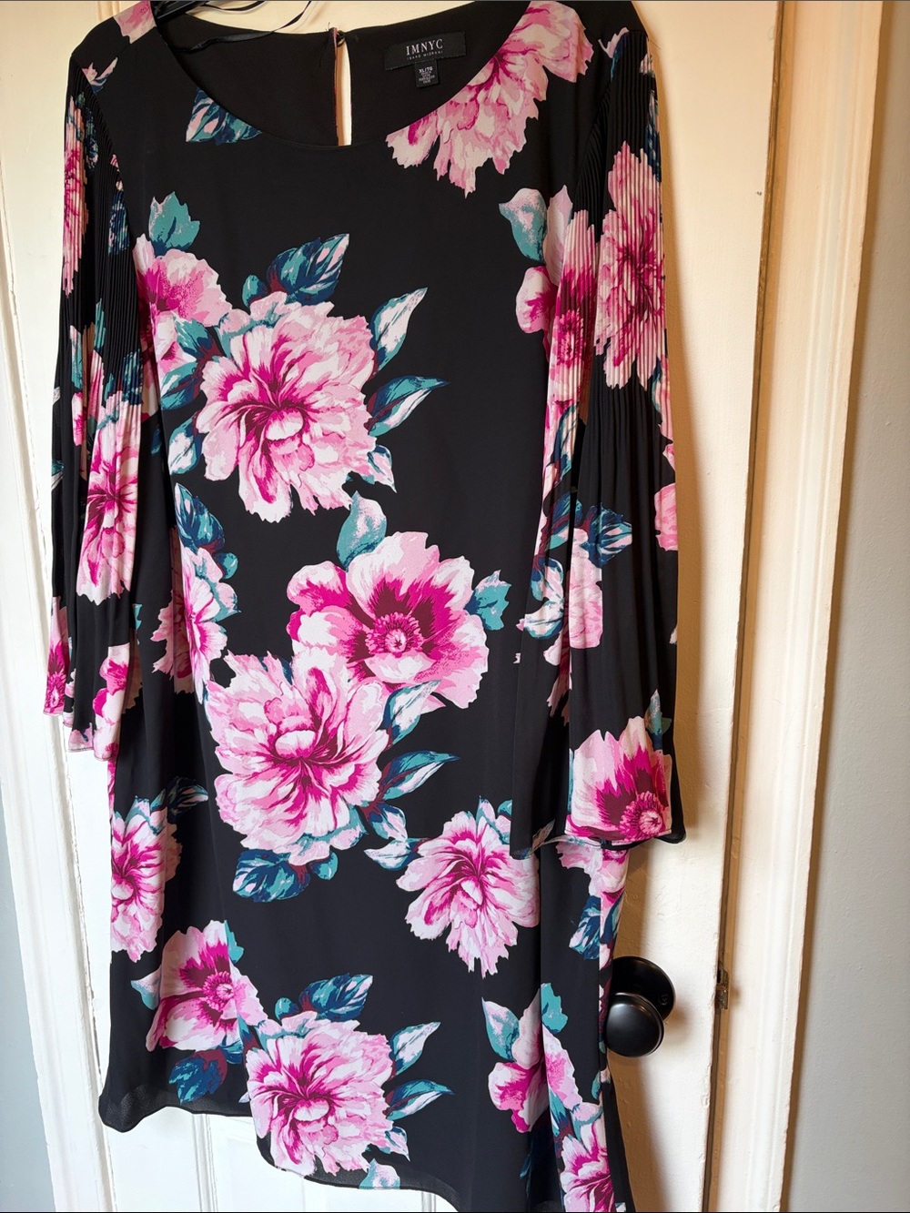 Isaac Mizrahi Black Floral Asymmetrical Dress with Pink & Blue Blooms
